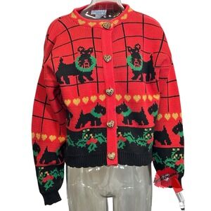 Vintage Grandma Knit Cardigan Sweater Loft Womens Medium Dog Puppy Terrier Artsy